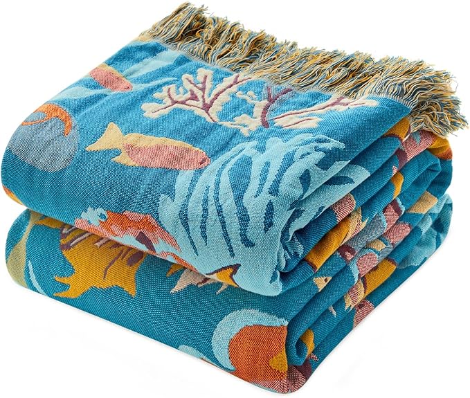 MSGKV Throw Blanket for Bed Cotton Cute Ocean Animals Twin Size Couch Blanket 60"x80" Muslin Spring Breathable All Seasons Lightweight Farmhouse Home Decor