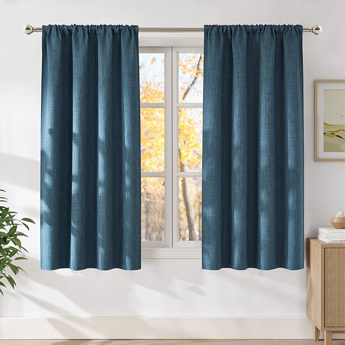 NICETOWN Stone Blue Faux Linen Room Darkening Rod Pocket Curtains 63 inch Length, W42 x L63, Light Blocking Thermal Insulated Noise Reducing Drapes for Bedroom Living Room Farmhouse Decor, 2 Panels