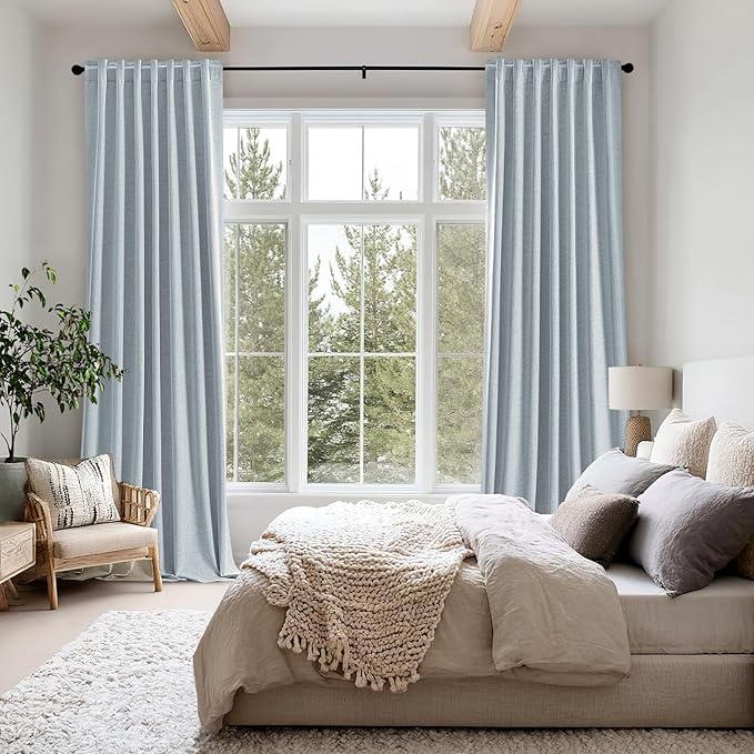 MIULEE 100% Blackout Linen Curtains for Bedroom, Chambray Blue Solid Luxury Decor Thermal Insulation Room Darkening Drapes for Living Room Nursery Back Tab Rod Pocket 42 x 96 Inches, 2 Panels