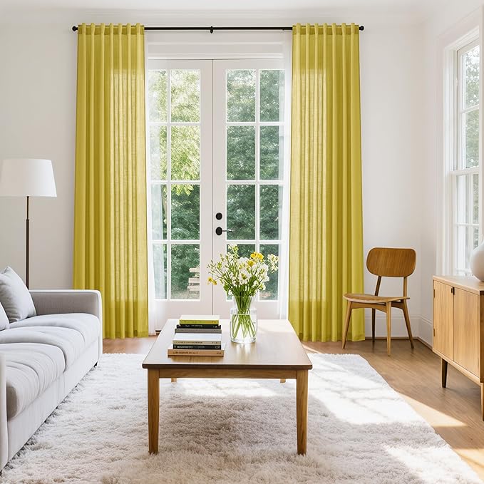 Nanspring Celery Yellow Linen Curtains 90 Inches Long 2 Panel Set Back Tab Rod Pocket Light Weight Semi Sheer Neutral Farmhouse Decor for Living Room and Bedroom 52x90