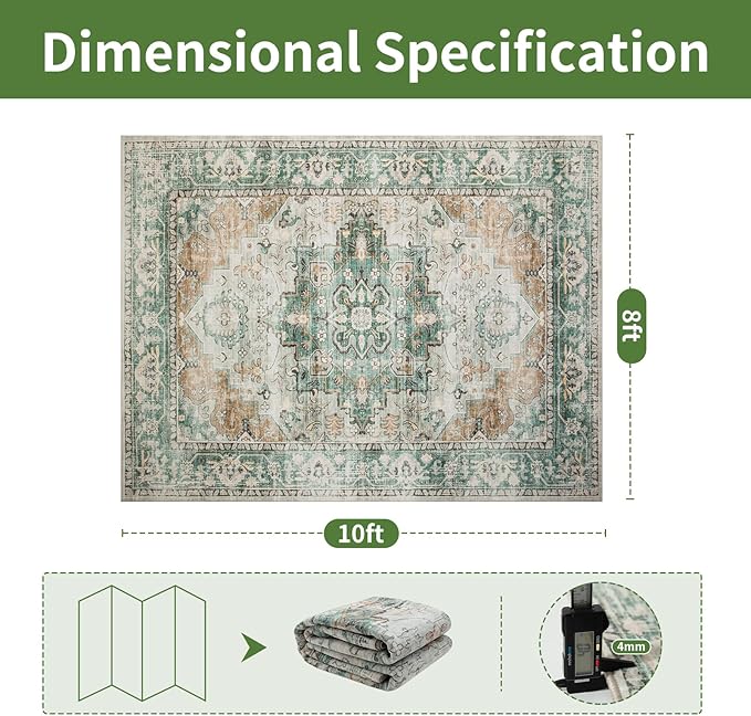 Washable Rugs 8x10 Area Rugs for Living Room- Vintage Rugs for Bedroom,Dining Room, Large Ultra Soft Retro Carpet with Non Slip Rubber Backing,Neutral Accent Carpets for Nursery Home Office