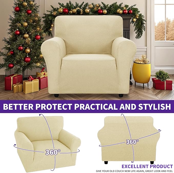ZNSAYOTX Super Stretch Chair Slipcover Universal Sofa Chair Covers for Living Room Dogs Pet Furniture Protector Spandex Armchair Slipcovers with Anti Slip Foam Sticks (Beige, Chair)