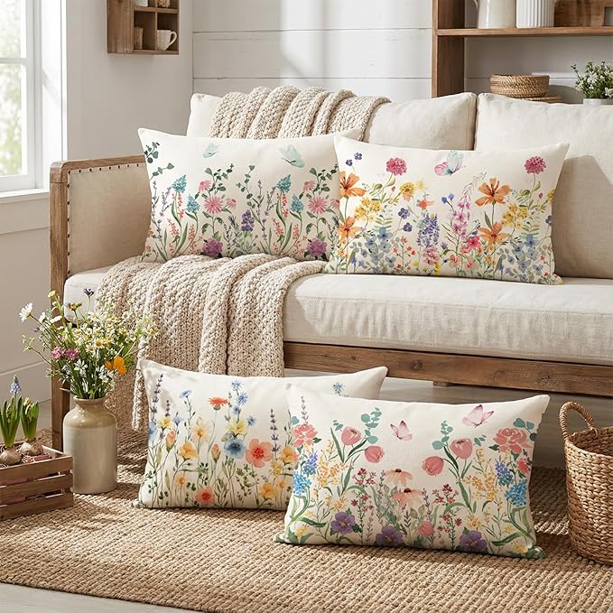 ONFAON Spring Summer Pillow Covers 20x12 Set of 4,Seasonal Holiday Farmhouse Decor Flower Cushion Case for Couch Sofa Living Room Bedroom Home Indoor Decor