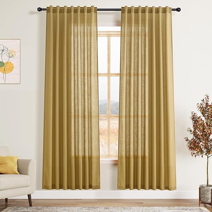Nanspring Gold Linen Curtains 72 Inch Length for Living Room Semi Sheer Light Filtering Door Drapes 2 Panels Set for Kids Bedroom Light Filtering Back Tab Rod Pocket Modern Farmhouse Decor 52x72