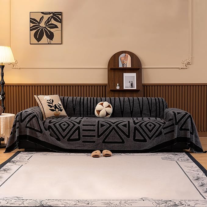 HANDONTIME Dark Grey Sofa Cushion Covers Boho Couch Sofa Covers Short Plush Couch Cover for Sofa Shu Velveteen Couch Sofa Slipcover for Pets Black Geometric Sofa Cover Washable Warm Soft, 71" X150"