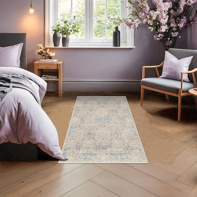 Large 3x4 Entryway Rug Indoor - Washable Non-Slip Low Pile Stain Resistance Ultra Thin Area Rug for Large Kitchen, Bedroom Beside Bed - Vintage Floral Botanical Beige Blue Decor