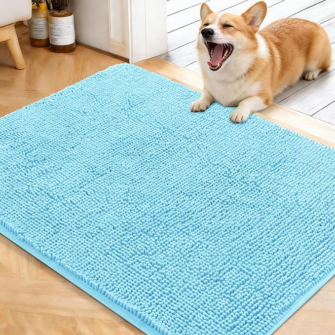 OLANLY Dog Door Mat for Muddy Paws 40x32, Absorbs Moisture and Dirt, Absorbent Non-Slip Washable Doormat, Quick Dry Chenille Mud Mat for Dogs, Entry Indoor Entryway Carpet for Inside Floor, Blue