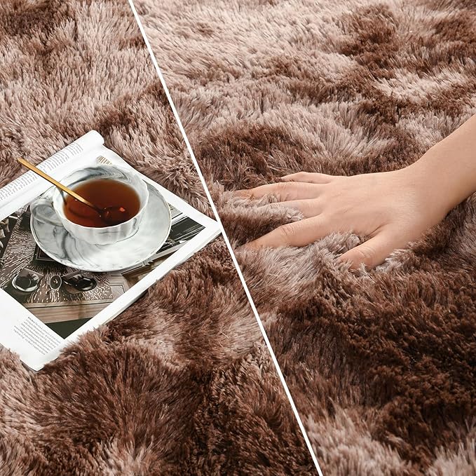 Deerhoo Large Shag Area Rugs 9 x 12, Tie-Dyed Plush Fuzzy Rugs for Living Room, Ultra Soft Fluffy Furry Rug for Bedroom, Indoor Carpet Nursery Rugs for Kids Room Home Decor, Coffee