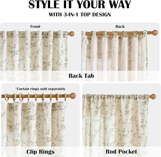 Lazzzy Green Floral Curtains 84 Inch Length Linen Farmhouse Curtain Back Tab Drapes for Living Room Bedroom Light Filtering Vintage Rod Pocket Curtains, 2 Panels, Green on Beige