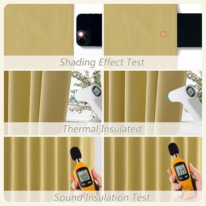 Guken Yellow 100% Blackout Linen Curtains 90 Inch Length 2 Panels Set for Living Room Bedroom Back Tab/Rod Pocket Thermal Insulated Black Out Drapes Room Darkening Farmhouse Window Curtains,52x90