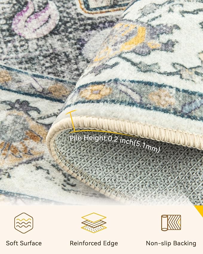 RELEANY Area Rugs 8ft Washable Non-Slip, Floral Vintage Distress Print Pattern Medallion Carpet for Living Room Bedroom Dining Room, Light Yellow Carbon Grey Orange