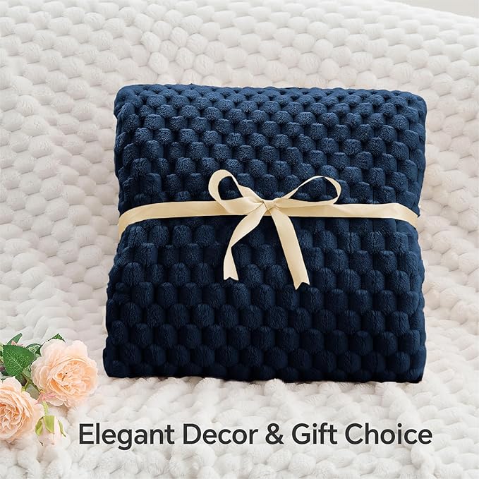 BEDELITE Fleece Blanket Twin Size for Bed Couch, 3D Jacquard Decorative Navy Throw, Soft and Cozy Warm Plush Fuzzy Blanket All Seasons Suitable, 60x80Inches