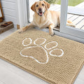 OLANLY Dog Door Mat for Muddy Paws 35x24, Paw Print Design, Absorbs Moisture and Dirt, Absorbent Non-Slip Washable Doormat, Quick Dry Chenille Mud Mat for Dogs, Entry Indoor Entryway Carpet, Beige