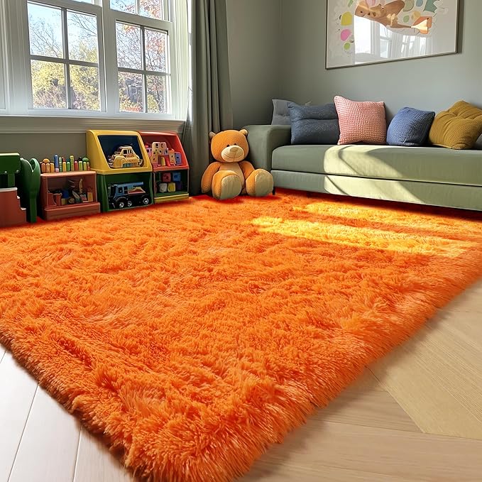 ONASAR Orange Rugs for Living Room Bedroom, 5x8 Fluffy Bedside Area Rug, Soft Plush Shaggy Indoor Floor Carpet for Nursery Kids Girls Boys Teen Dorm Home Office Decor Aesthetic