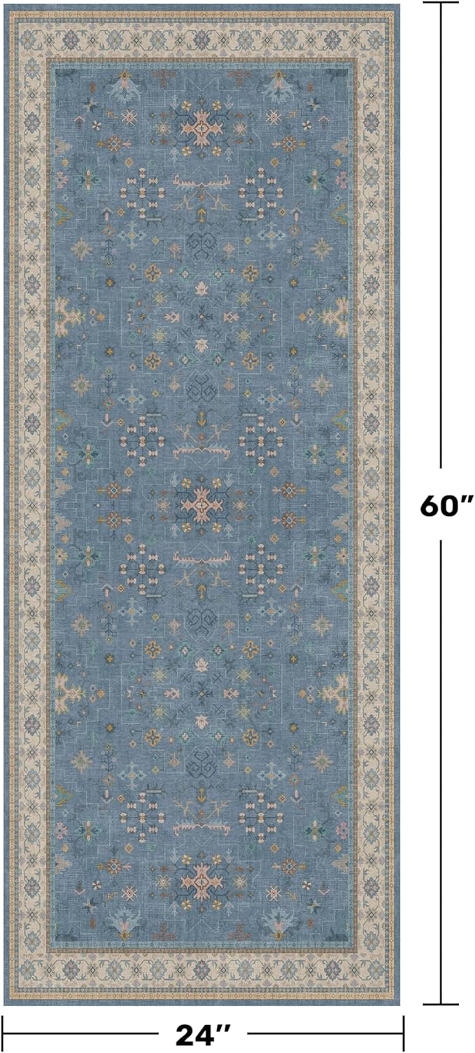 Hazo Haus Boho 2x5 Kitchen Rugs Non Slip - Washable Blue Runner Rug for Bedroom Beside Bed, Laundry Room, Hallway, Non Slip with Rubber Backing, Floral Eclectic Unique Runner Décor