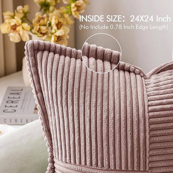 MIULEE Blush Pink Corduroy Decorative Euro Sham Pillow Covers 24x24 Inch with Splicing Set of 2 Soft Boho Pillow Covers Broadside Textured Pillowcases for Couch Bed Livingroom