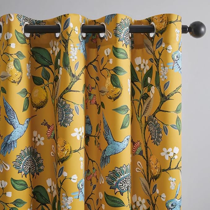 Topfinel 92 Inches Long Custom Mustard Yellow Luxury Curtains for Living Room Bedroom, Blackout Vintage Victorian Curtains Floral Lemon Hummingbird Printed Grommet Drape 92 Inch Length