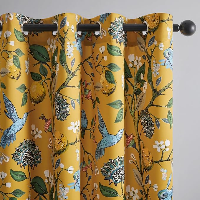 Extra Long 120 Inches Curtains for Large Window Luxury Mustard Yellow Floor To Ceiling Blackout Vintage Floral Hummingbird Fancy Grommet Drop Cloth Damask Drape for Living Room Dining 2 Pages 10 FT