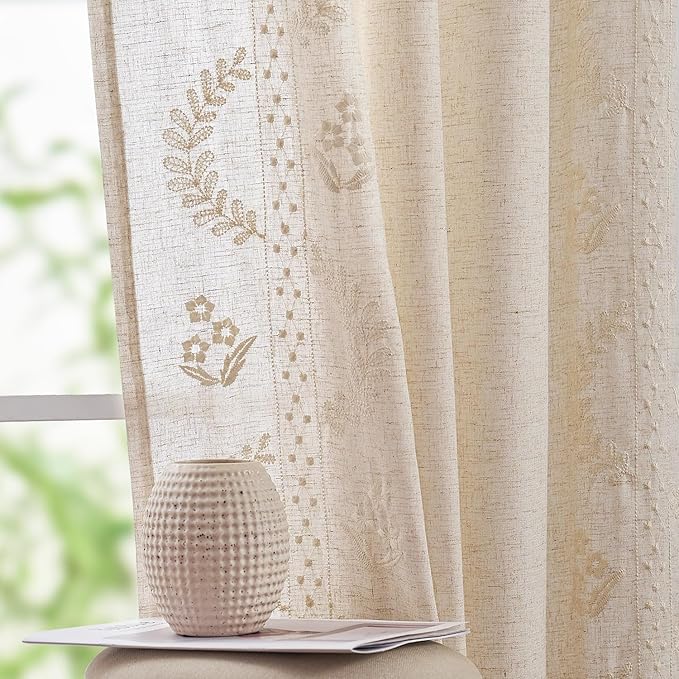 jinchan Belrose Linen Curtains for Bedroom Floral Curtains 63 Inch Length Linen Blend Ivory Embroidered Drapes Farmhouse Flower Patterned Drapes for Living Room Window Treatments Sets 4 Panels