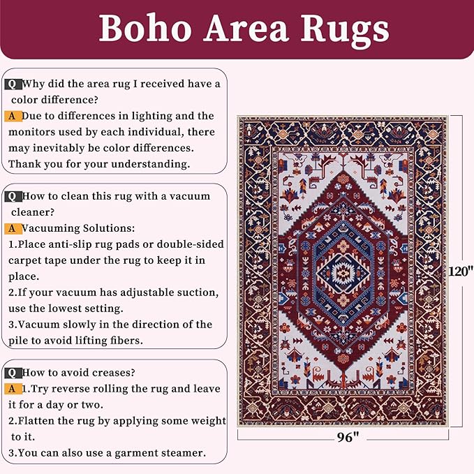 SERISSA Washable Rugs 8x10 Area Rugs, Large Non-Slip Boho Living Room Rug, Ultra Soft Oriental Vintage Burgundy Navy Print Distressed Carpet for Dining Room Bedroom Dorm Office Home Decor