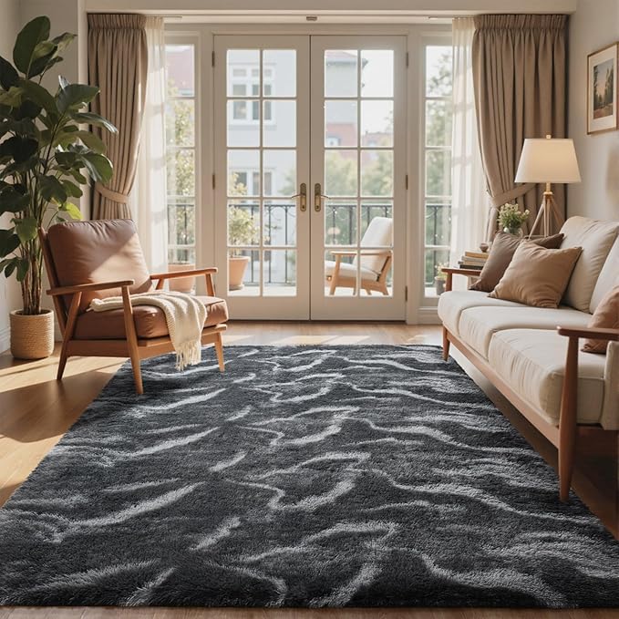 6x9 Ft Large Shag Rugs for Living Room Decor, Tie-Dyed Ultra Soft Fluffy Furry Area Rugs for Bedroom Indoor Floor, Aesthetic Carpet for Kids Home (Grey)