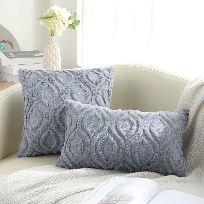 decorUhome Throw Pillow Covers 20x20 Inch Set of 2, Soft Plush Faux Wool Blue Grey Solid Couch Pillow Covers, Accent Farmhouse Neutral Square Pillow Cases for Sofa Bed Living Room