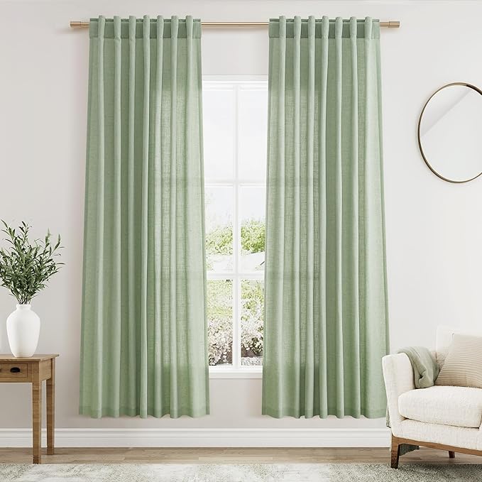 Nanspring Mist Sage Linen Curtains 72 Inch Length for Living Room Semi Sheer Light Filtering Door Drapes 2 Panels Set for Kids Bedroom Light Filtering Back Tab Rod Pocket Modern Farmhouse Decor 52x72