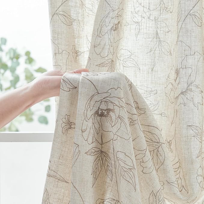 jinchan Floral Linen Curtains for Living Room 96 Inch Length Taupe Flower Curtain Rod Pocket Back Tab Farmhouse Curtains with Printed Floral Bedroom Window Curtain Set, 2 Panels Taupe