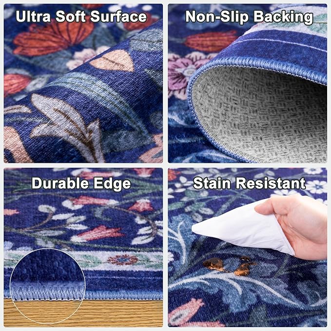 Round Area Rug for Living Room: 4 ft Floral Washable Circle Rug Soft Boho Non-Slip Carpet Indoor Stain Resistant Low Pile Small Circular Rug for Bedroom Entryway Kitchen Nursery Home Office Blue