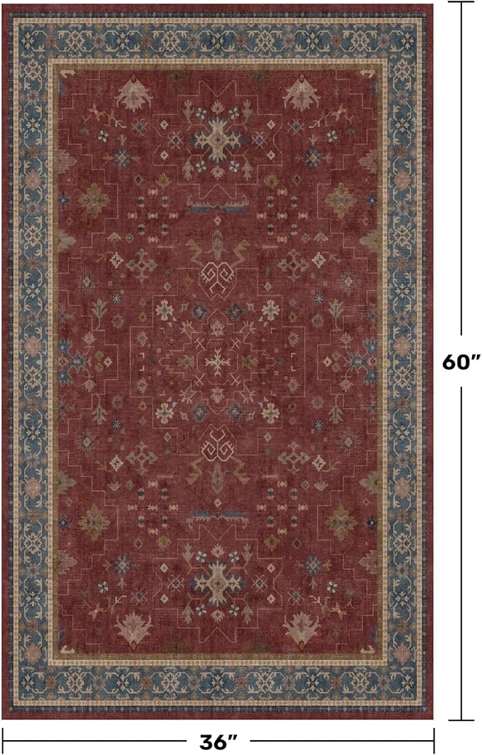 Washable 3x5 Entry Way Rugs Indoor - Burgundy Large Kitchen Rug, Non Slip Unique Bohemian Red Low Pile Thin Carpet for Bedroom Bedside, Foyer