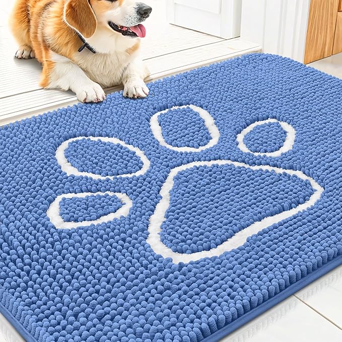 Smiry Dog Door Mat for Muddy Paws, Absorbent Dirt Trapper Non Slip Quick Dry Washable Chenille Mat for Mud Dogs, Entry Rug for Indoor and Outdoor (30x20 Inches, Cornflower Blue and White)