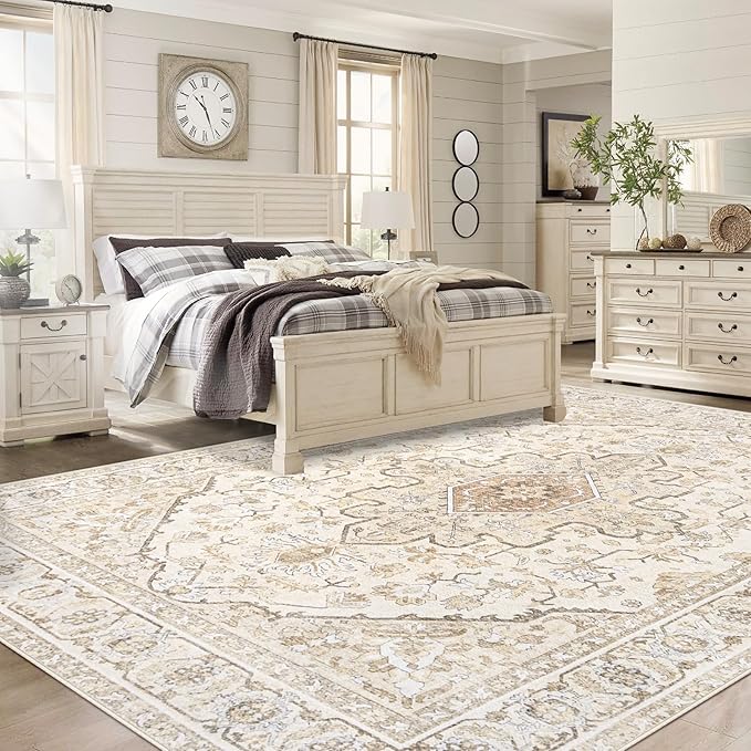 Area Rugs 8x10 Vintage Rug: Large Washable Living Room Rug Retro Medallion Distressed Soft Low Pile Non-Slip Indoor Floor Carpet for Bedroom Kitchen Nursery Dining Office (BeigeBrown, 8'x10')