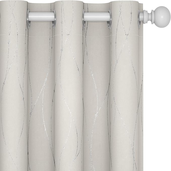 Deconovo Beige Blackout Curtains, Room Darkening Curtain, Thermal Insulated Soundproof Drapes, Silver Wave Dots Print, 38 x 84 Inch, Machine Washable Window Panels for Living Room Bedroom, Set of 2