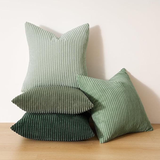 Topfinel Light Green Decorative Throw Pillow Covers Green Series,Winter Fluffy Corduroy Striped Euro Pillows Shams for Couch Bed Bedroom,Western Modern Hunter Green Pillowcase 26x26 Inch Set of 4