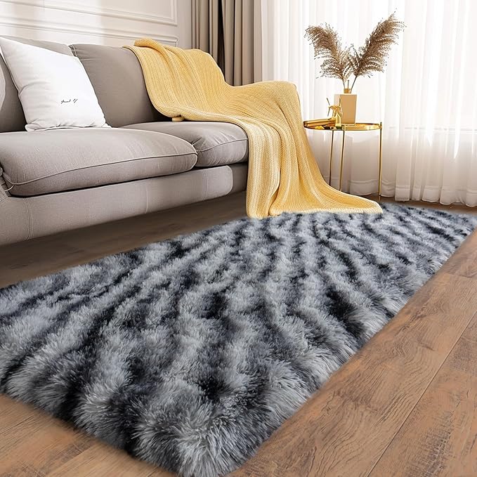 Soft Runner Rugs for Bedroom Hallways, 2x6 Black and White Fluffy Shag Throw Area Rug Non Slip for Bedside Dorm, Long Shaggy Furry Carpet for Nursery Living Room