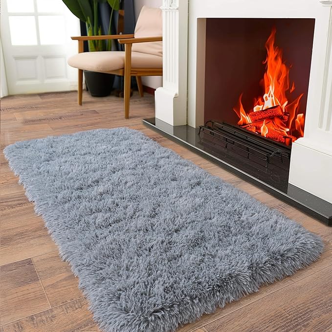 Soft Runner Rugs for Bedroom Hallways, 2x4 Grey Fluffy Shag Throw Area Rug Non Slip for Bedside Dorm, Long Shaggy Furry Carpet for Nursery Living Room