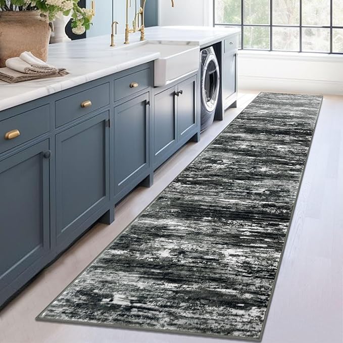 KOZYFLY Modern Abstract Washable Rug Runner 2.6x12 Hallway Rug Runner Non-Slip Soft Kitchen Runner Rugs, Black Grey Striped Carpet for Entryway Bathroom Laundry Room Foyer