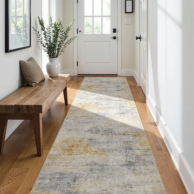 3x10 Washable Kitchen Runner Rug: Modern Abstract Runners for Hallway Soft Non Slip Rugs with Rubber Backing Low Pile Thin Floor Carpet for Entryway Bedroom Bathroom Bedside Indoor(Grey/Yellow,3x10)