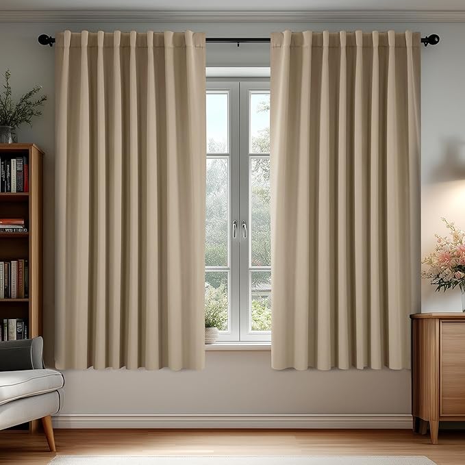 Deconovo Blackout Curtains, Thermal Insulated, W70 x L63 2 Panels, Back Tab, Machine Washable, Room-Darkening Drapes for Bedroom/Living Room Khaki