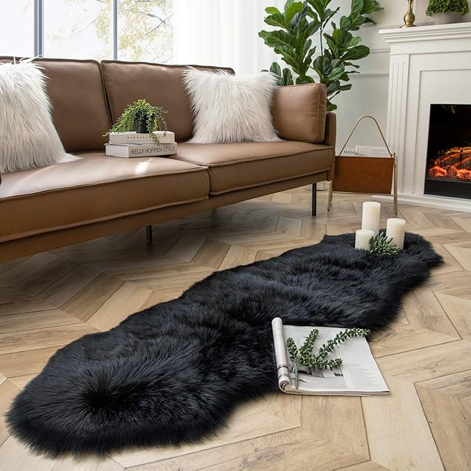 Ashler Faux Fur Rug, Black Area Rugs, Fluffy Sheepskin Fur Rug, Fuzzy Ultra Soft 2 x 6 Ft Rugs, Machine Washable Shag Rug, Nursery Throw Rugs for Bed, Living, Kids Room