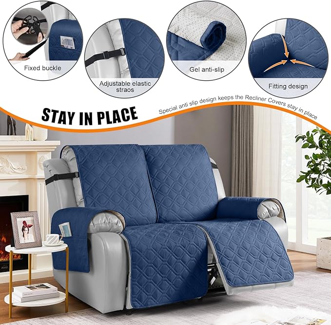 VANSOFY Waterproof Recliner Couch Covers, Sofa Covers 1-Piece Washable Reclining Sofa Cover Non-Slip Furniture Protector with Elastic Straps Pocket for Dogs, Pets(Ocean Blue,2 Seater)