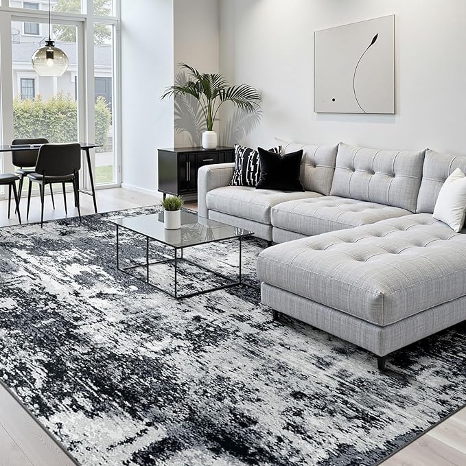 Washable Area Rugs 6'x9' Non-Slip Modern Abstract Soft for Living Room Entryway Bedroom Nursery, Print Pattern, Black Navy Blue Gray