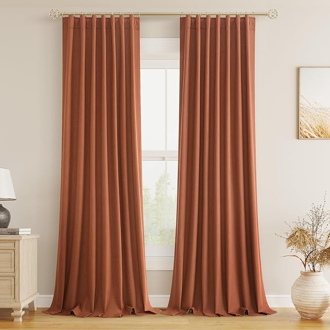 Guken Terracotta 100% Blackout Curtains 96 Inch Length 2 Panels Set Fall Curtains for Living Room Bedroom Back Tab Thermal Insulated Black Out Linen Drapes, 52x96
