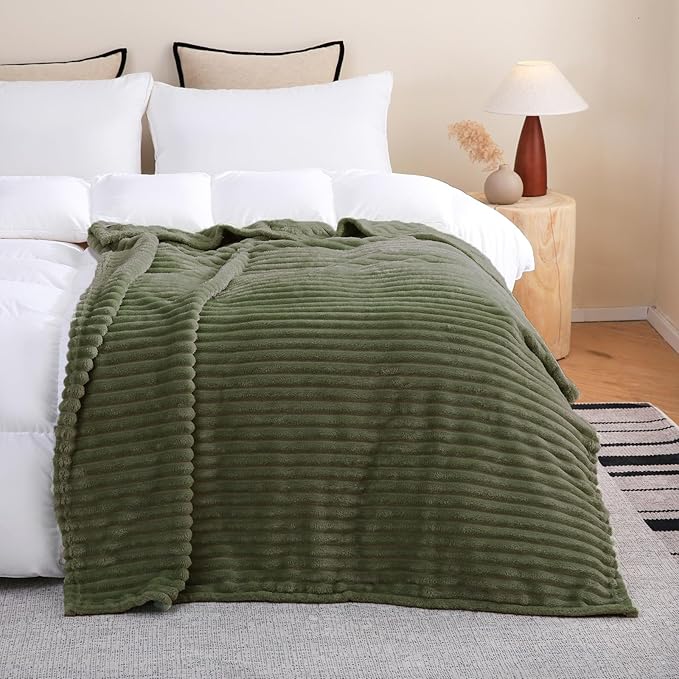 Olive Green Fleece Throw Blanket 108”×90” for Couch Sofa Bed,Super Soft Cozy Plush Microfiber Flannel Blanket with Stripes Design Lightweight for Adults,Woman,Girls