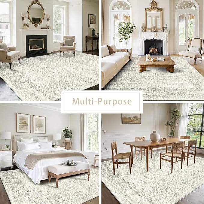 Srugn Washable Rugs 5x7 Area Rugs for Living Room,Bedroom,Dining Room- Large Ultra Soft Faux Wool Retro Carpets,Non Slip&Non-Shedding Low Pile Vintage Print Rug for Home Office Decor-Beige