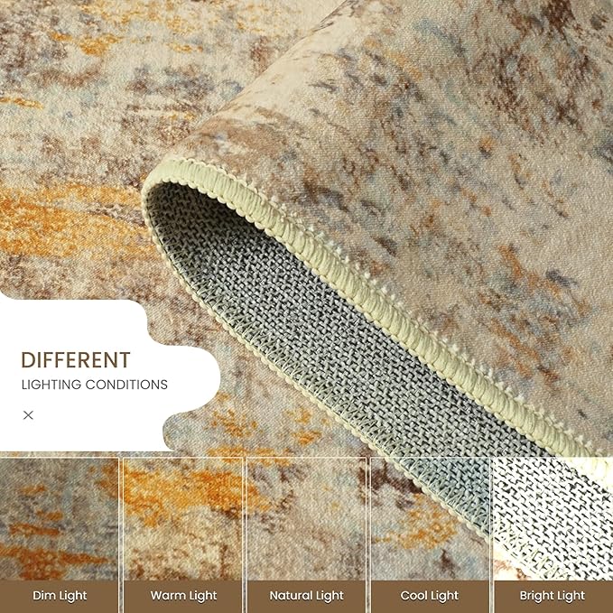 Ompaa Living Room Rug 6x9 Beige Area Rug Machine Washable Boho Rug Non Slip Abstract Vintage Indoor Large Rugs for Bedroom, Classroom, College Dorm, Farmhouse, Dining Room, Kids Playroom