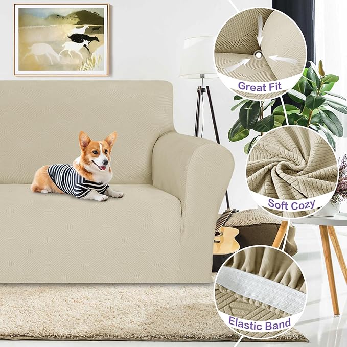 ZNSAYOTX Super Stretch Chair Slipcover (30"-47"), New Striped Sofa Chair Covers for Living Room, Dogs Pet Friendly Anti-Slip Chair Protector Spandex Armchair Slipcovers (Khaki, Chair)