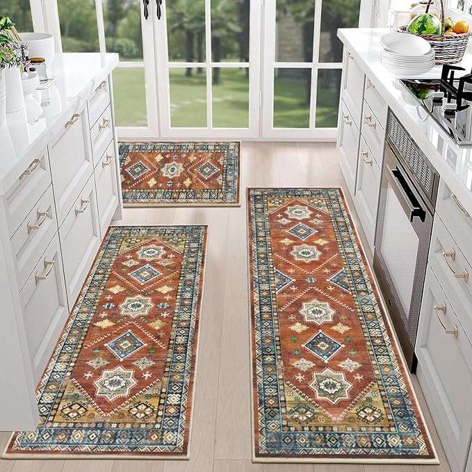 HEBE Boho Kitchen Rug Sets 3 Piece with Runner Non Slip Kitchen Rugs and Mats Washable Kitchen Mats for Floor Thick Kitchen Floor Mat Carpet Runner Rugs for Hallway Laundry Holiday Decor