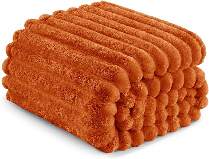 Exclusivo Mezcla California King Size Flannel Fleece Blanket, Super Soft Striped Jacquard Bed Oversized Blanket, Lightweight Fuzzy Cozy for All Seasons, 120x120 Inches, Burnt Orange