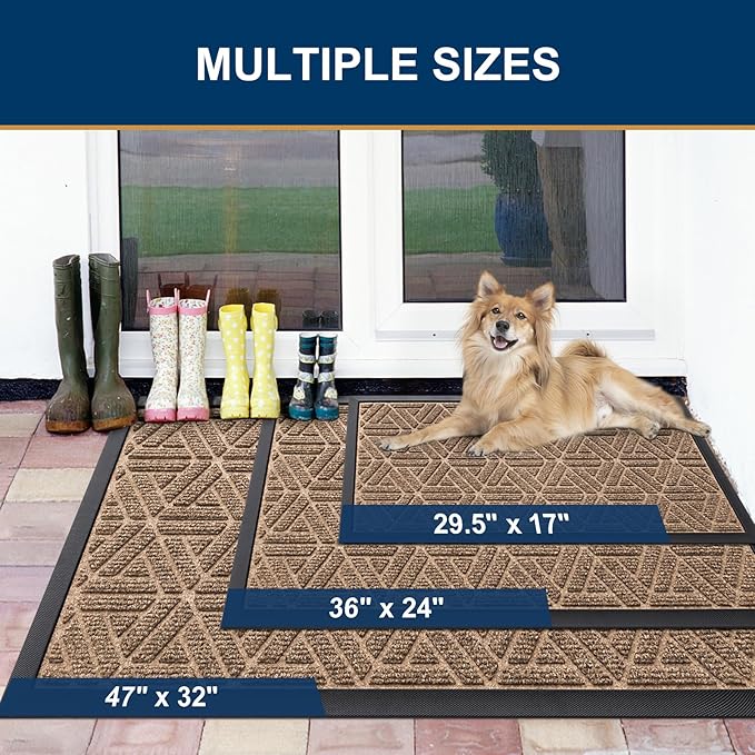 Smiry Front Door Mat Outside Entrance, Heavy Duty Sturdy Natural Rubber Doormat, Trap Dirt and Moisture, Easy Clean Low Profile Mats for Indoor Outdoor Entry, Grid Geometric (35x23, Coffee)